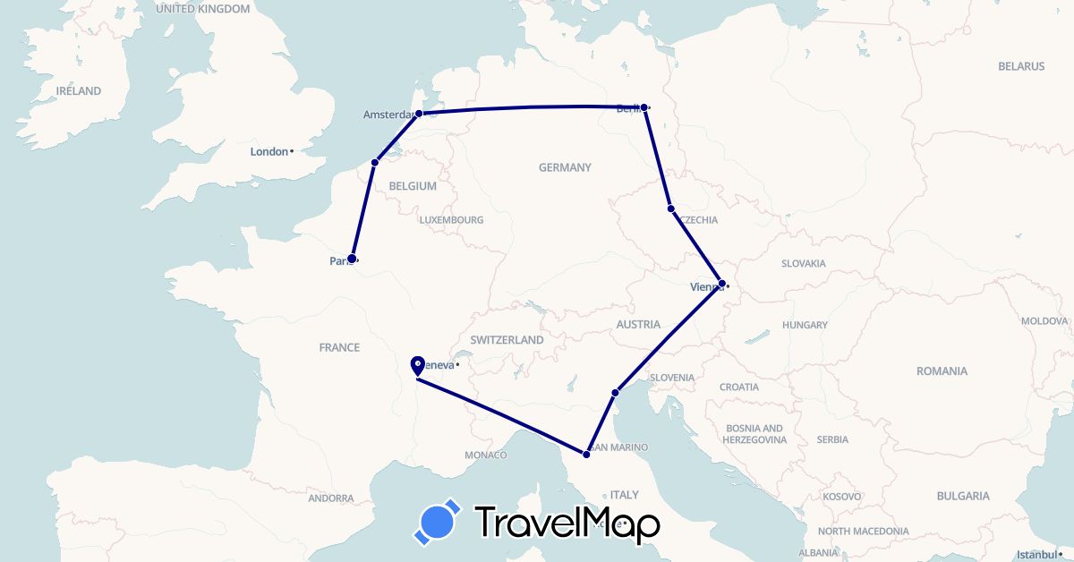 TravelMap itinerary: driving in Austria, Belgium, Czech Republic, Germany, France, Italy, Netherlands (Europe)